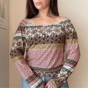 VTG Y2K Off The Shoulder Top XS Floral Stretch Boho Chic Fairy Granola Ruffles